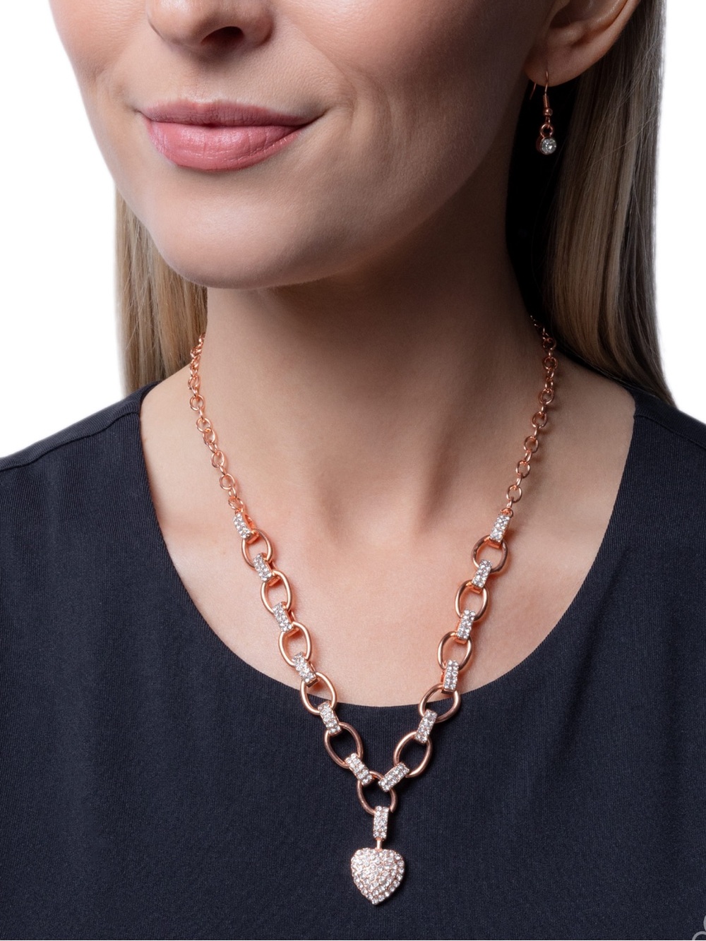 NWT Copper Heart Pendant w/ White Rhinestone Necklace & Earrings(Last Set)